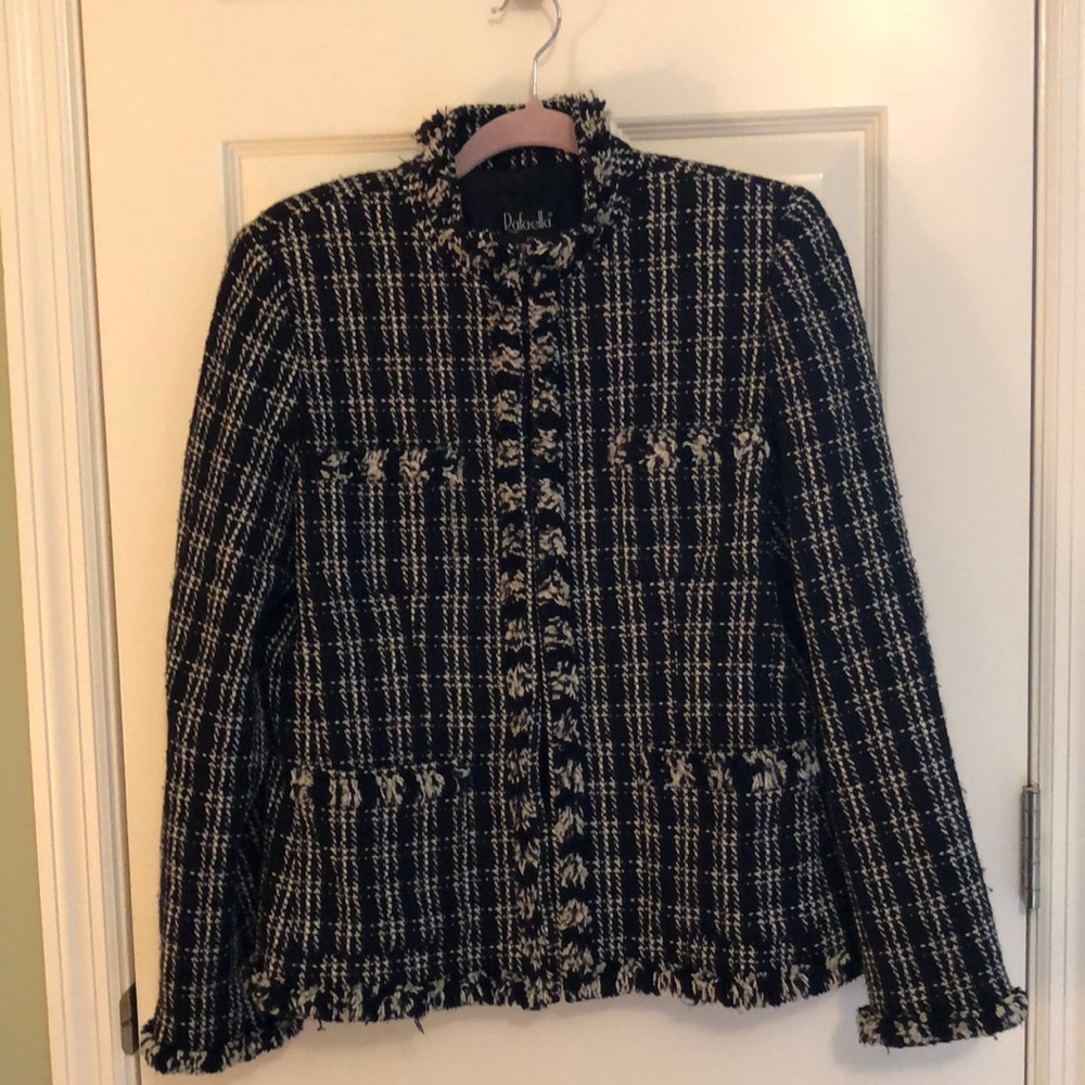 Vintage Black/White Couture-style Jacket. Size 12. Fringe Trim. Pristine Cond.